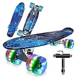 Saramond Skateboard komplett 55 cm Mini-Cruiser Retro-Skateboard für Kinder Jungen Mädchen Jugendliche Erwachsene Anfänger, LED-Blitzräder mit All-in-One Skate T-Tool (Blaues Meer)