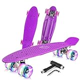 BELEEV Skateboard Komplette Mini Cruiser Skateboard für Kinder Jugendliche Erwachsene, Led Leuchtrollen mit All-in-one Skate T-Tool für Anfänger(Violett)